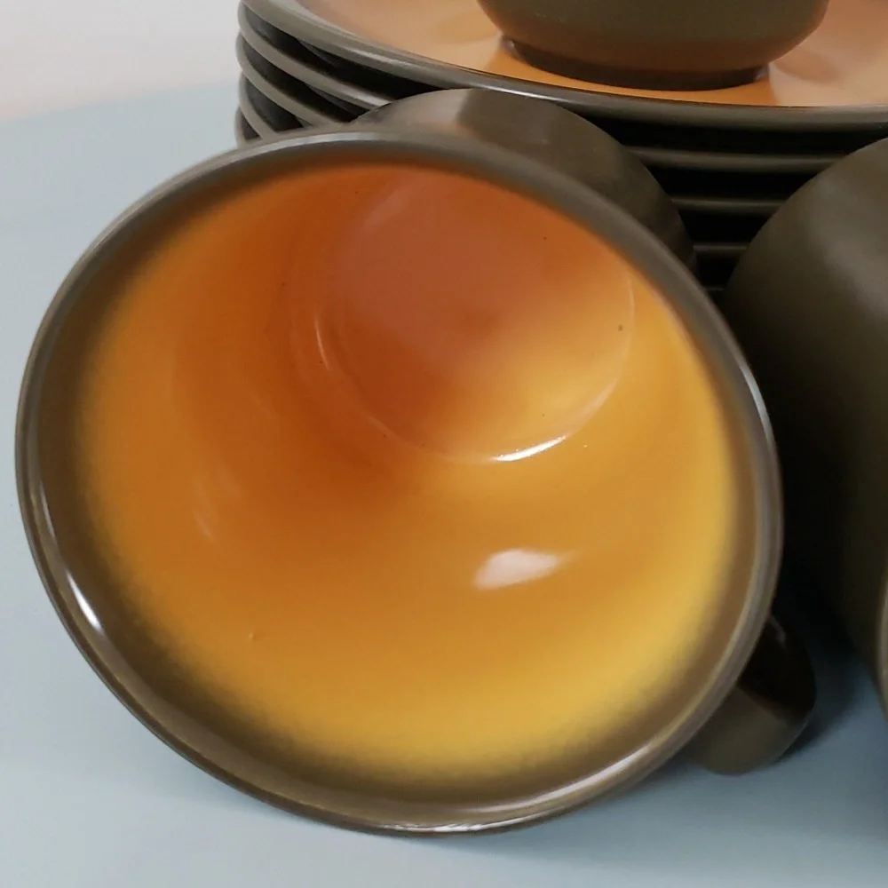 Premiere Nu Stone CANTELOPE 7606 Japan 70s Cups & Saucers Brown & Orange, VTG